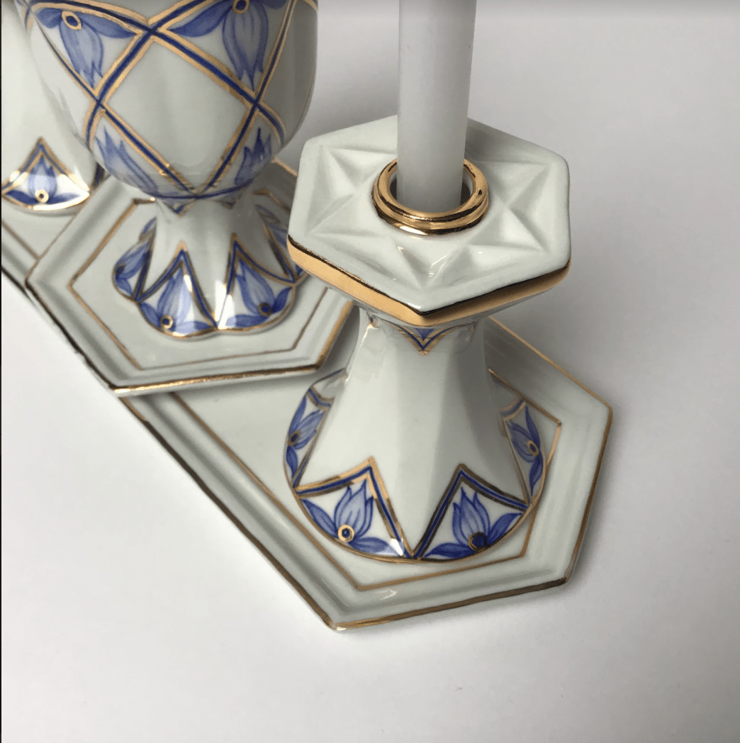 Judaica Hungarica - Modern Blue Floral Porcelain Shabbat Set - Kiddush Cup and Candlesticks - ModernTribe