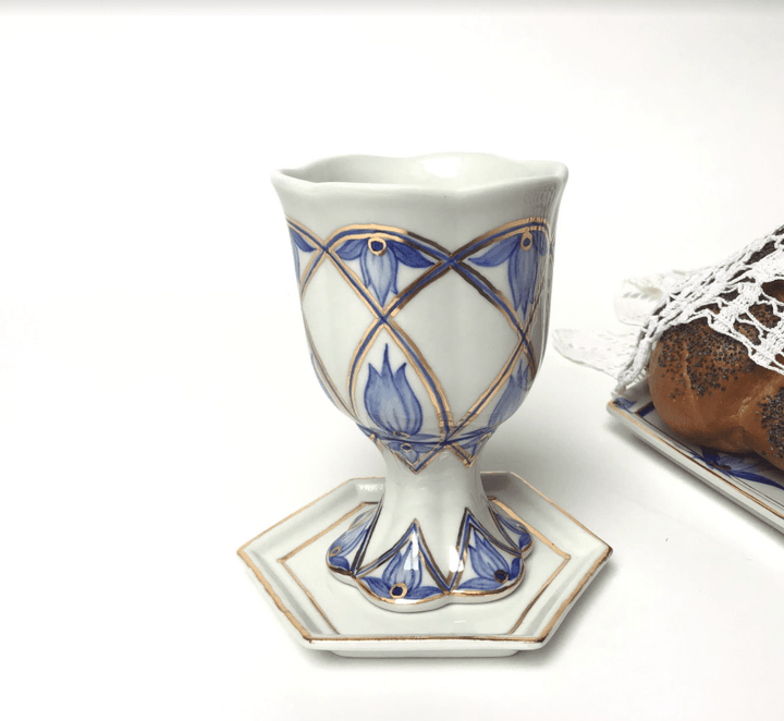 Judaica Hungarica Candlesticks Modern Blue Floral Porcelain Shabbat Set - Kiddush Cup and Candlesticks