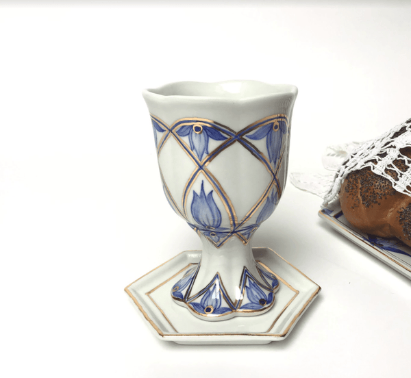 Modern Blue Floral Porcelain Shabbat Set - Kiddush Cup and Candlesticks