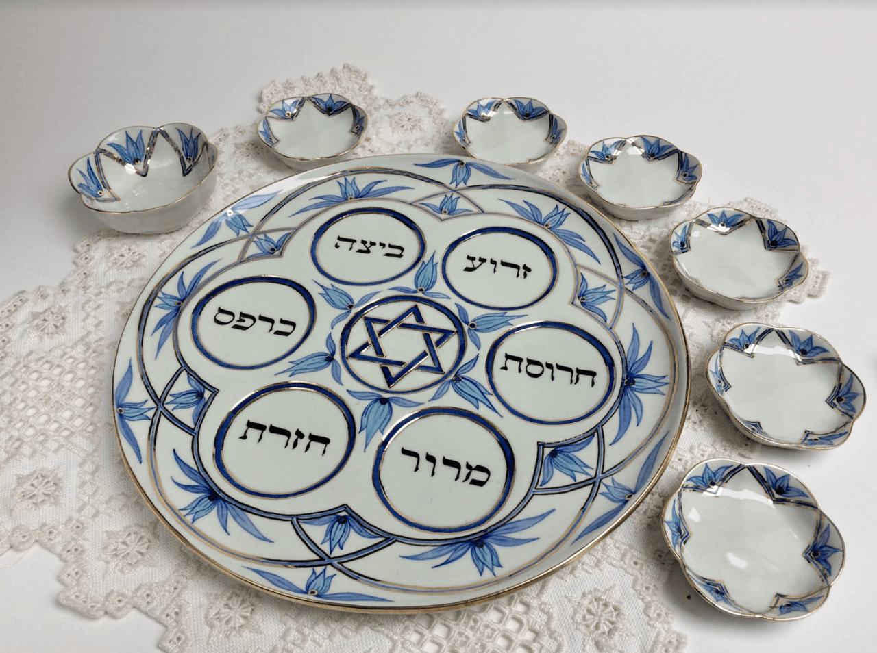 Judaica Hungarica - Navy, Turquoise and Gold Floral Porcelain Seder Plate and Salt Bowl - ModernTribe