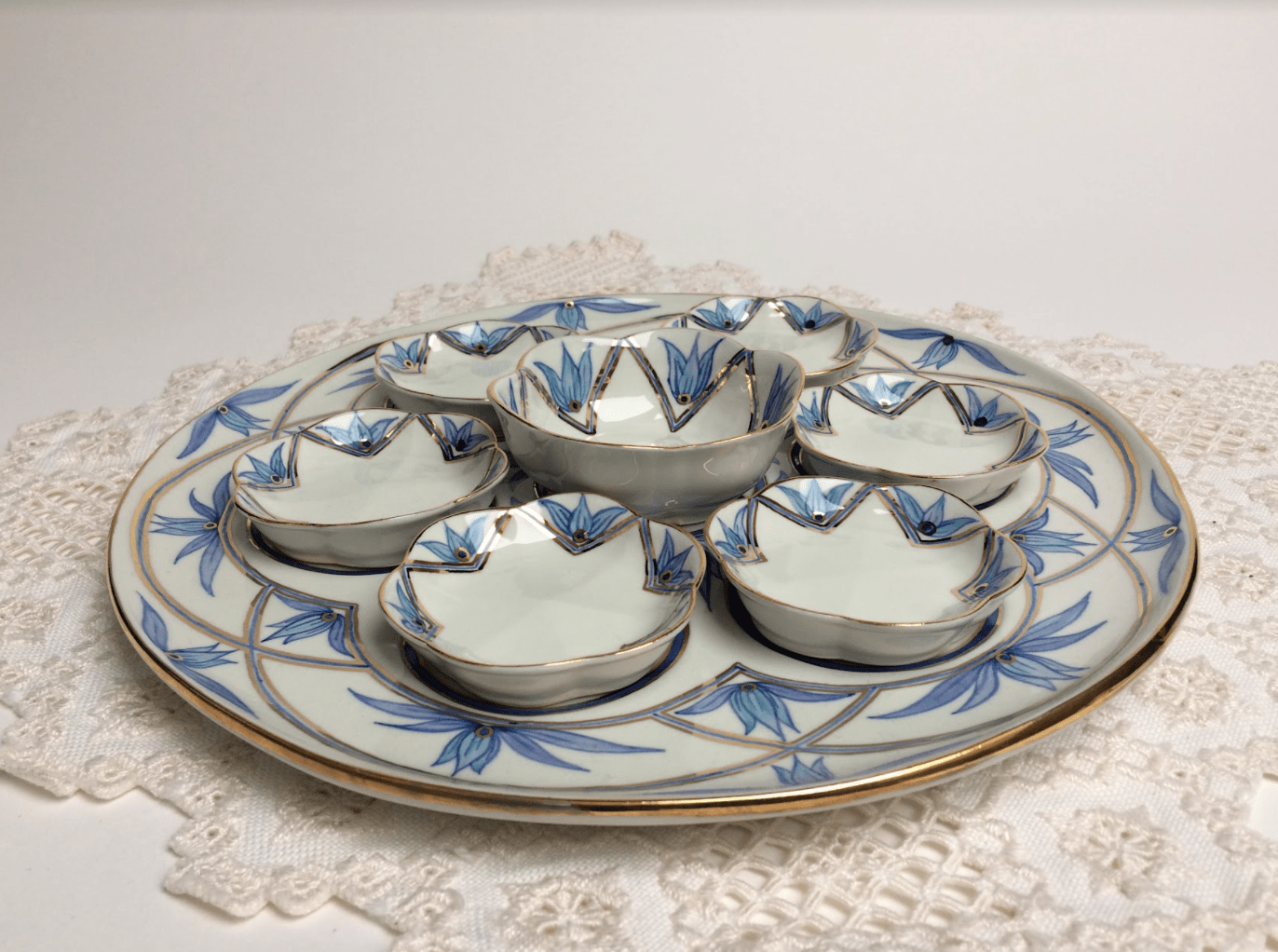 Judaica Hungarica Seder Plates Navy, Turquoise and Gold Floral Porcelain Seder Plate and Salt Bowl