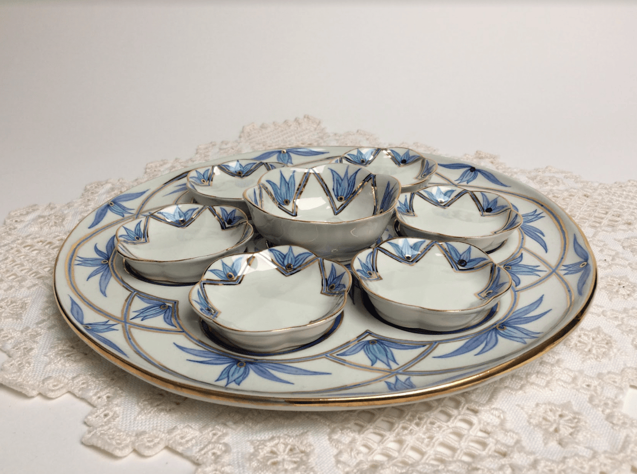 Judaica Hungarica - Navy, Turquoise and Gold Floral Porcelain Seder Plate and Salt Bowl - ModernTribe