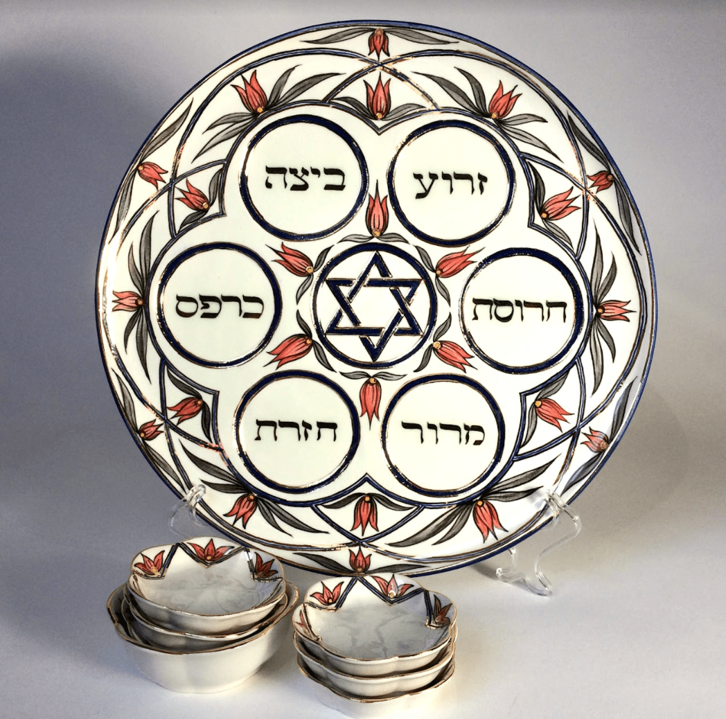 Judaica Hungarica - Salmon, Gray and Gold Floral Porcelain Seder Plate and Salt Bowl - ModernTribe