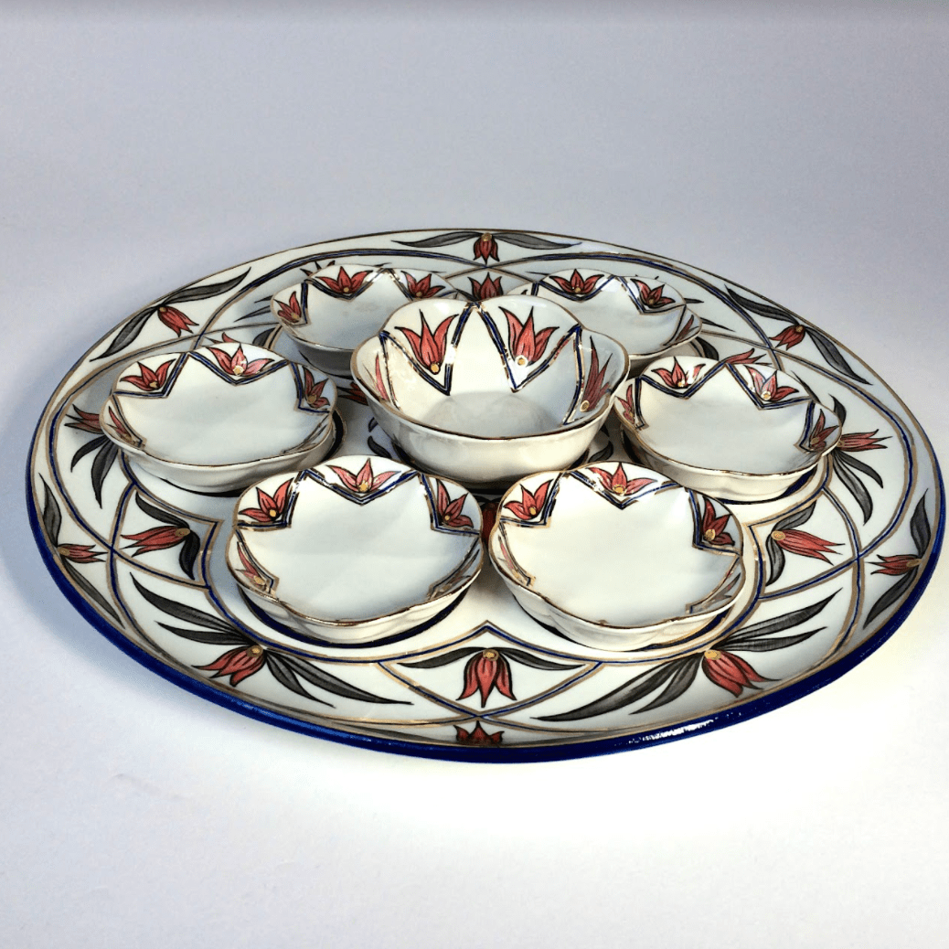 Judaica Hungarica - Salmon, Gray and Gold Floral Porcelain Seder Plate and Salt Bowl - ModernTribe
