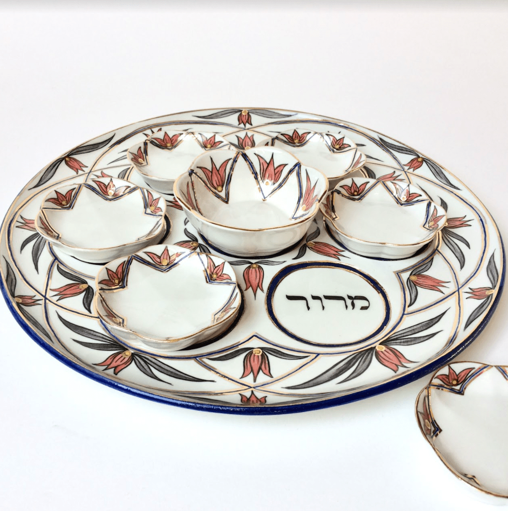 Judaica Hungarica - Salmon, Gray and Gold Floral Porcelain Seder Plate and Salt Bowl - ModernTribe