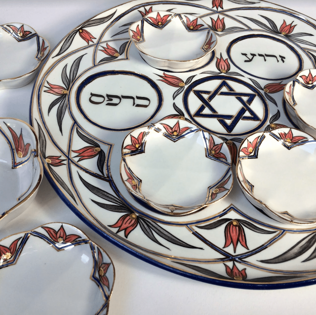 Judaica Hungarica - Salmon, Gray and Gold Floral Porcelain Seder Plate and Salt Bowl - ModernTribe