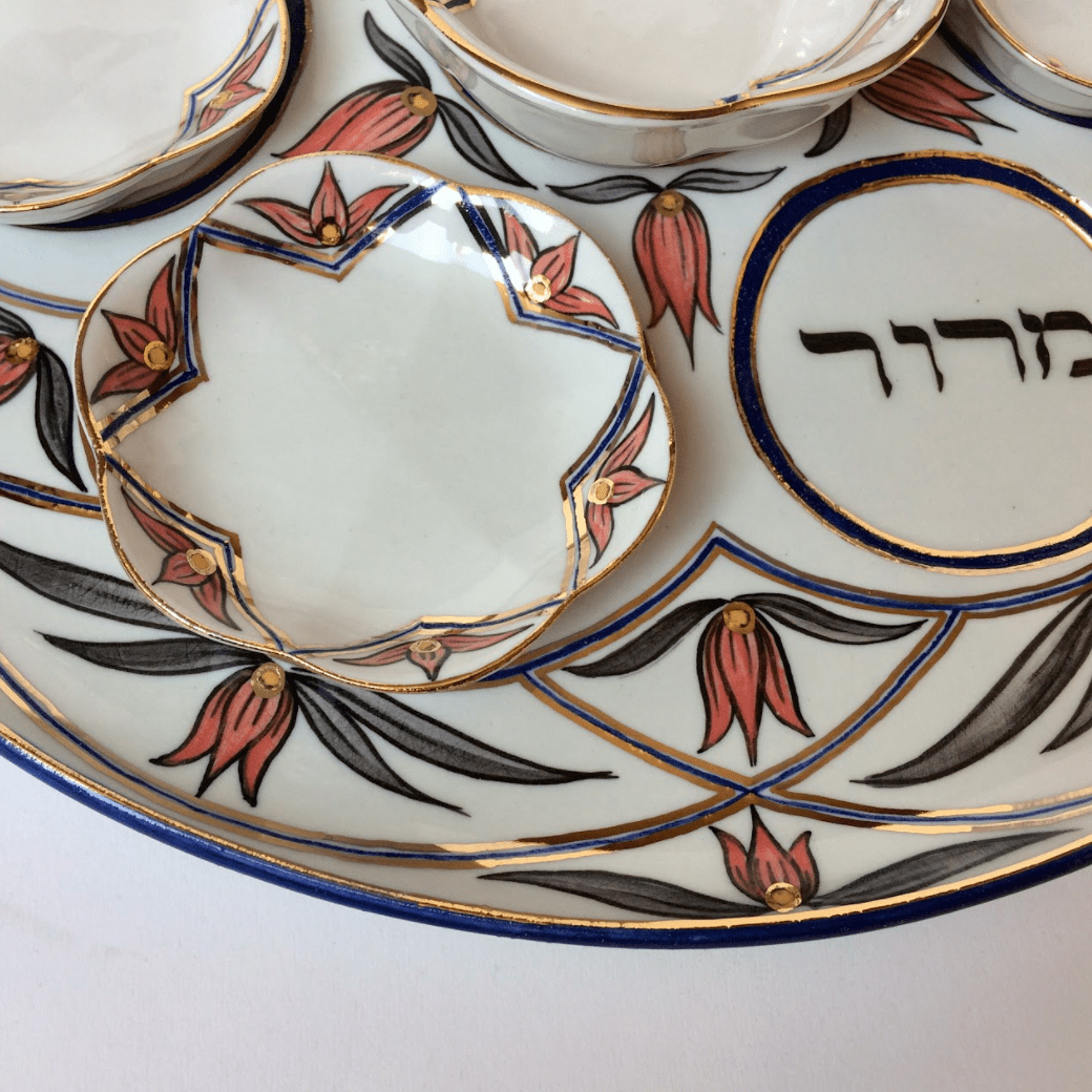 Judaica Hungarica - Salmon, Gray and Gold Floral Porcelain Seder Plate and Salt Bowl - ModernTribe