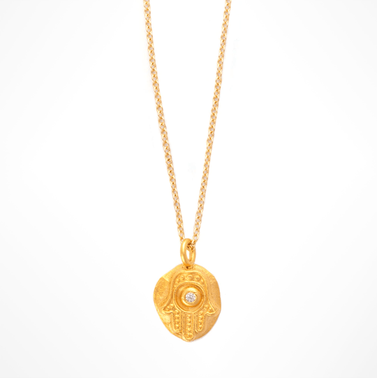 Rustic Hamsa 24k Gold Vermeil Necklace with Crystal