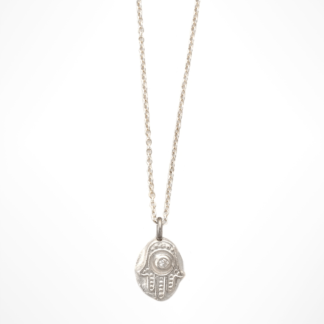MAS Designs Jewelry Necklaces Sterling Silver Rustic Hamsa Silver Necklace with Crystal
