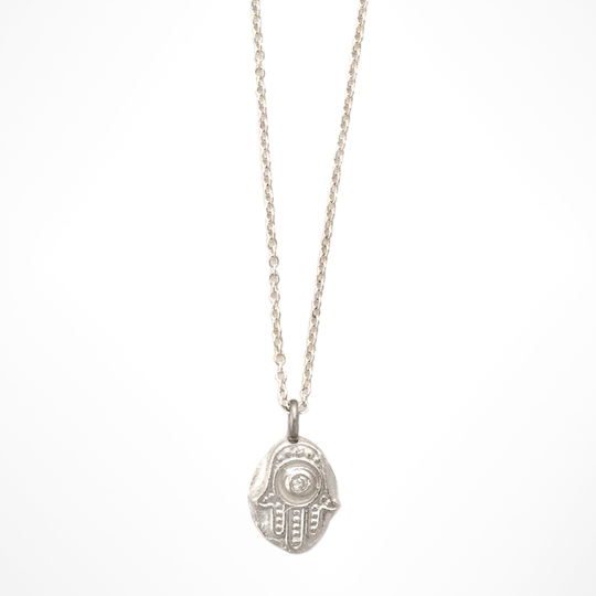 Rustic Hamsa Sterling Silver Necklace with Crystal