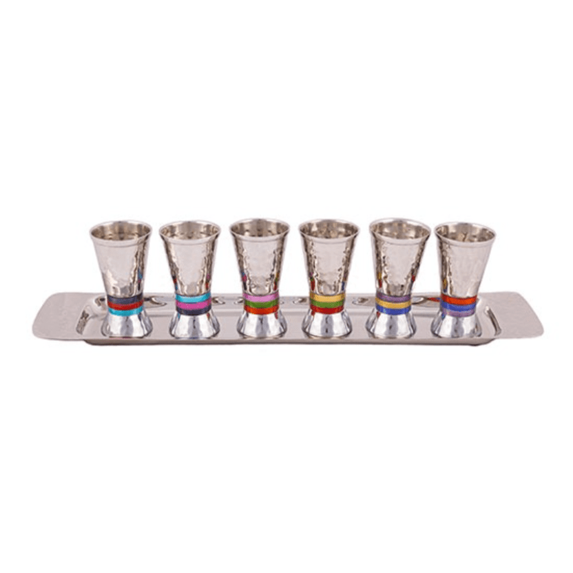 Yair Emanuel - 6 Small Hammered Rings Kiddush Cups + Tray - Multicolor by Yair Emanuel - ModernTribe