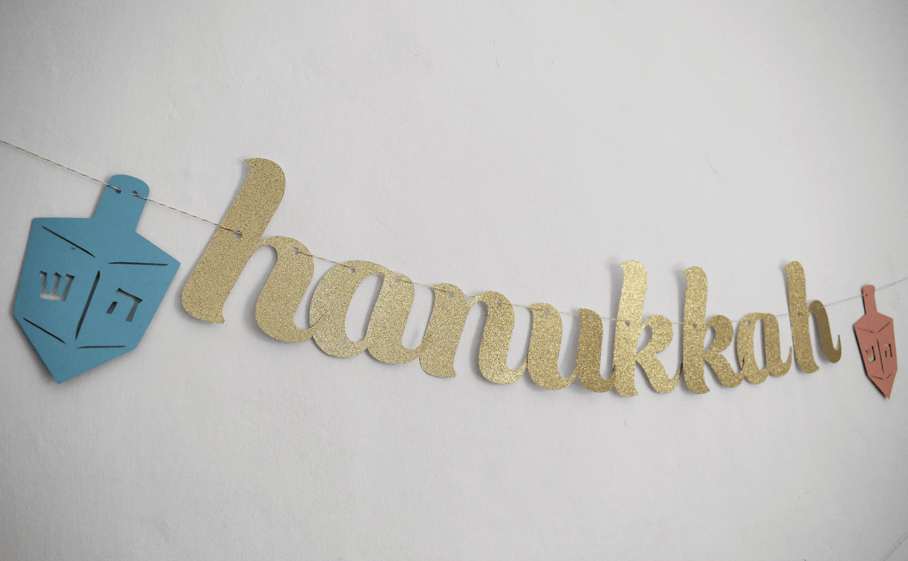 The KitCut - Gold Glitter Hanukkah Banner with Side Dreidels - ModernTribe