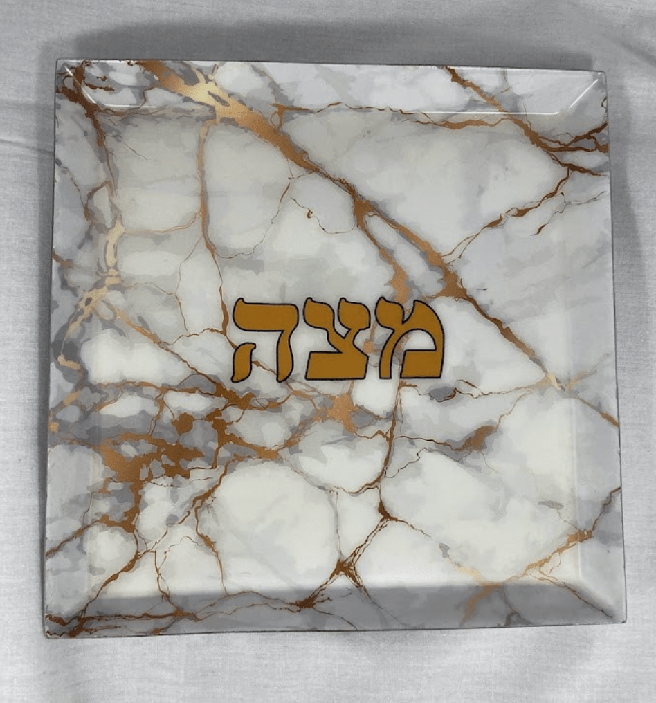 Alef To Tav Matzah Plates White and Gold Marble Matzah Tray