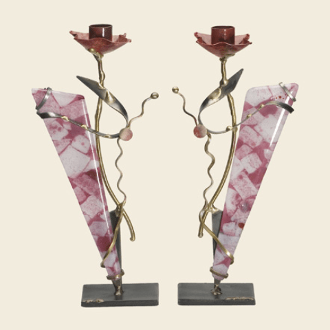 Gary Rosenthal - Metal and Glass Pink Shabbat Candlesticks by Gary Rosenthal - ModernTribe