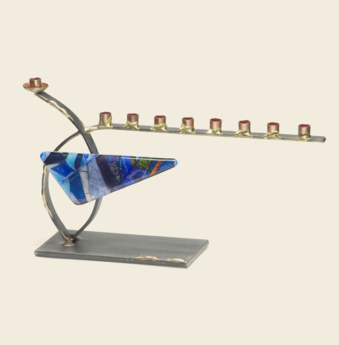 Gary Rosenthal Menorah Blue Curved Steel and Glass Menorah by Gary Rosenthal