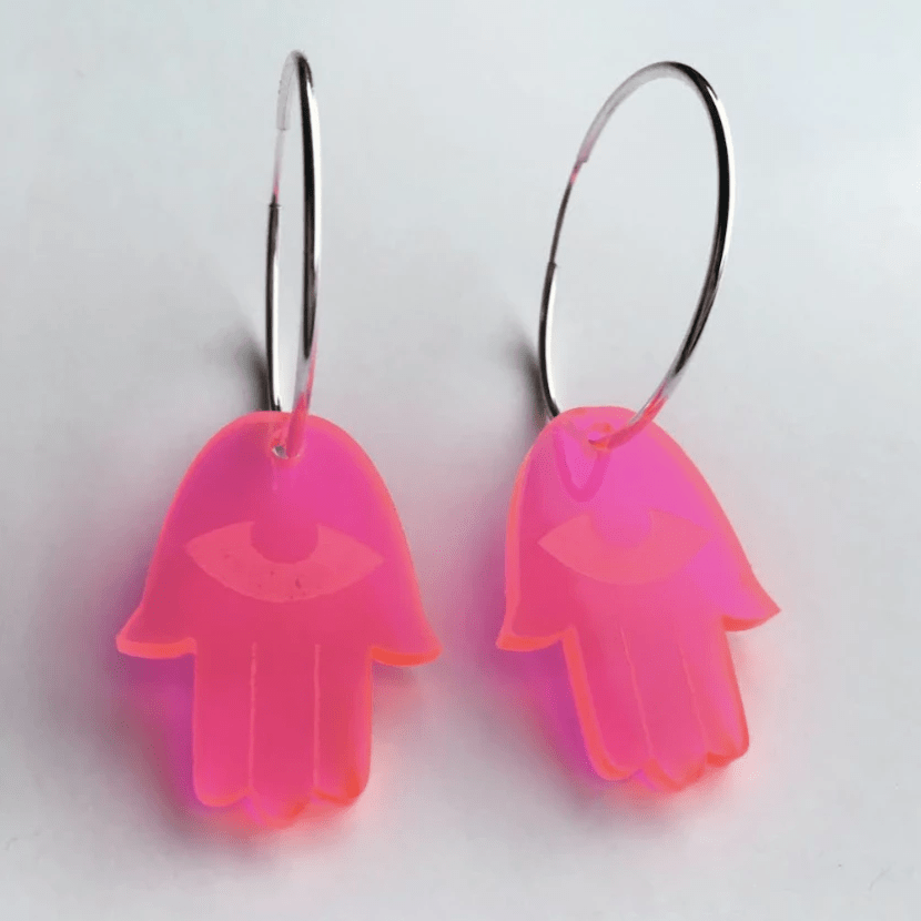 Counter Form Jewelry - Neon Pink Acrylic Hamsa Hoop Earrings - ModernTribe