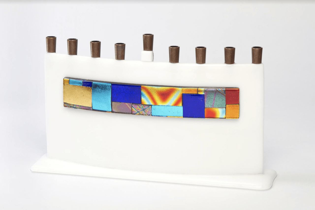 Daryl Cohen - White Arc Dichroic Stripe Glass Menorah by Daryl Cohen - ModernTribe