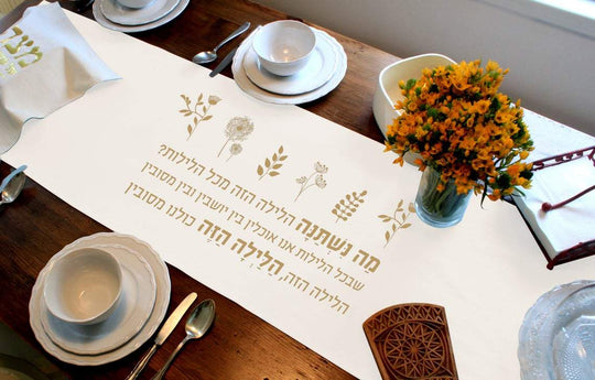Seder Meal Cotton "Ma Nishtana" Table Runner - White and Gold