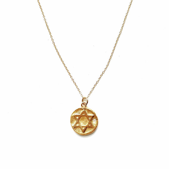 24k Gold Vermeil Rustic Star of David Necklace with Crystal