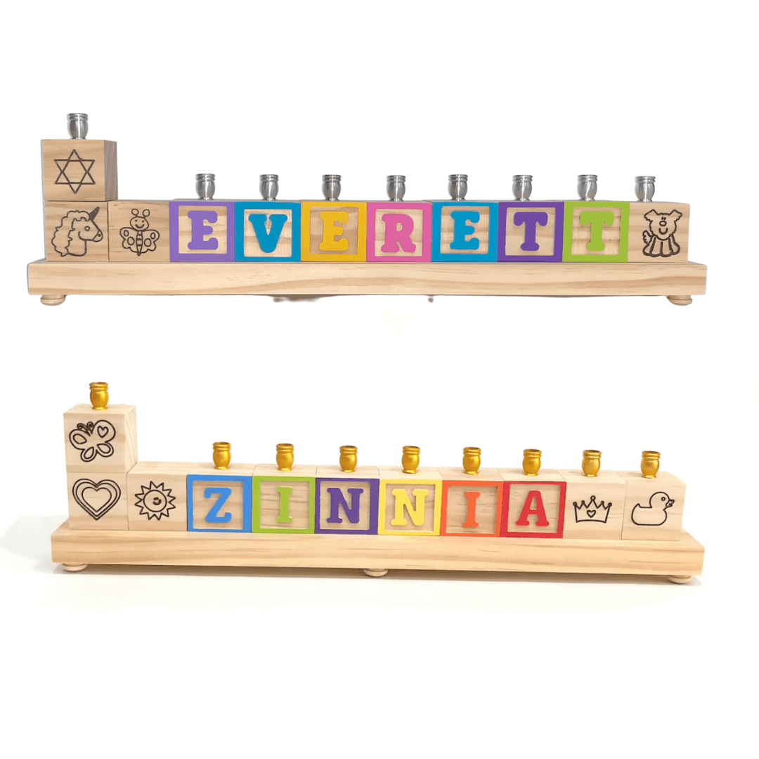 Don't Forget the Gift Menorahs Personalized Wooden Block Name Menorah - Primary or Pastel Colors