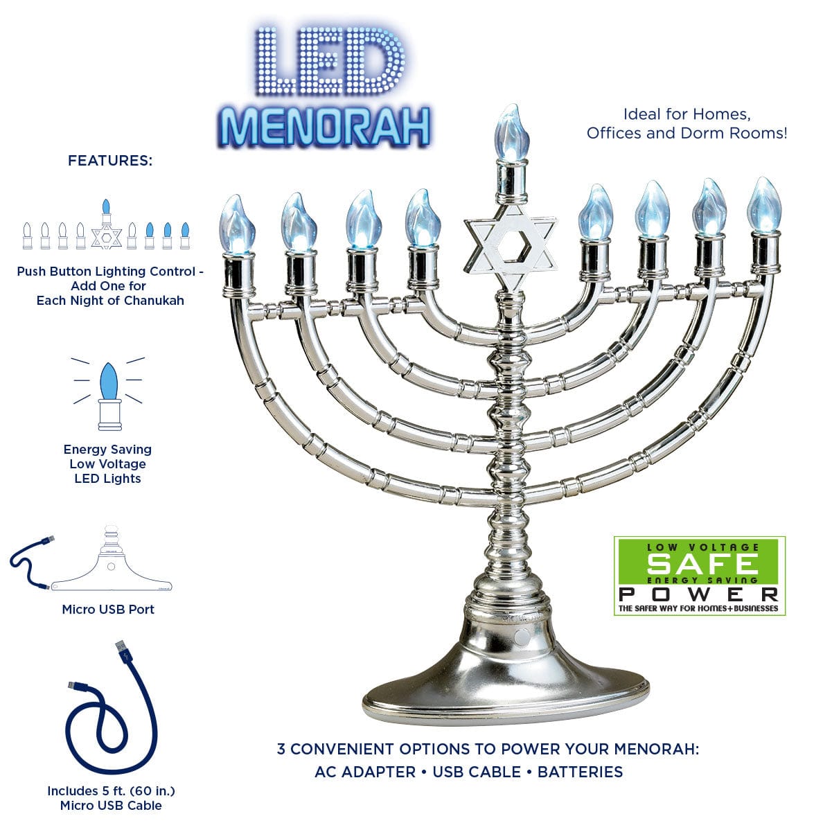 Rite Lite - Silvertone Electric LED Menorah - ModernTribe