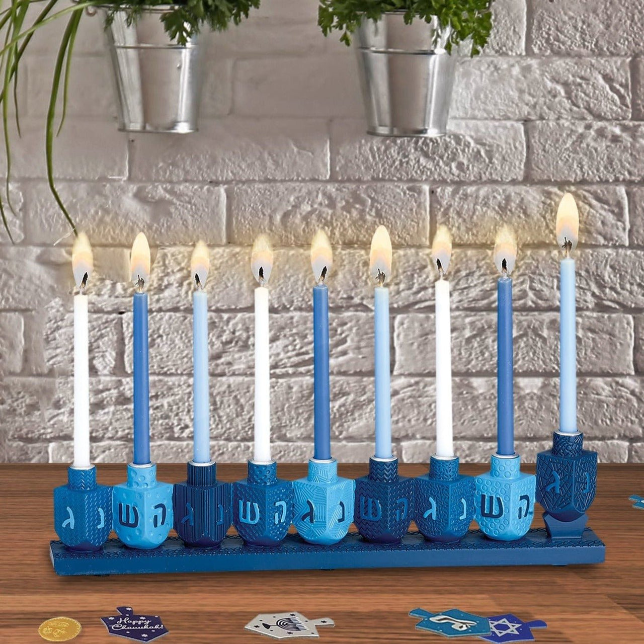 Rite Lite - Blue Dreidels Hand - Painted Menorah - ModernTribe