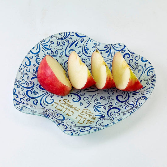 Blue and Gold Glass "Shana Tova" Apple Plate