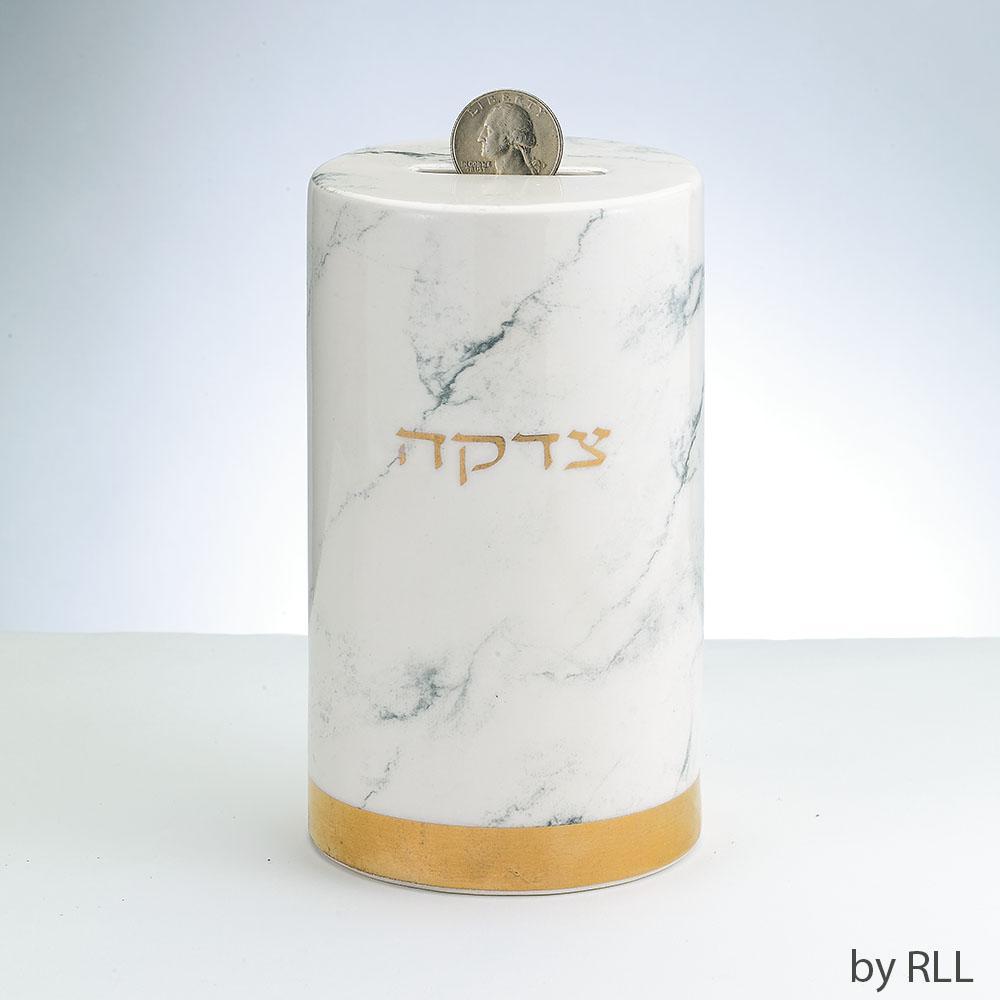 Rite Lite Tzedakah Box Marble Design Ceramic Tzedakah Box, Gold Accents