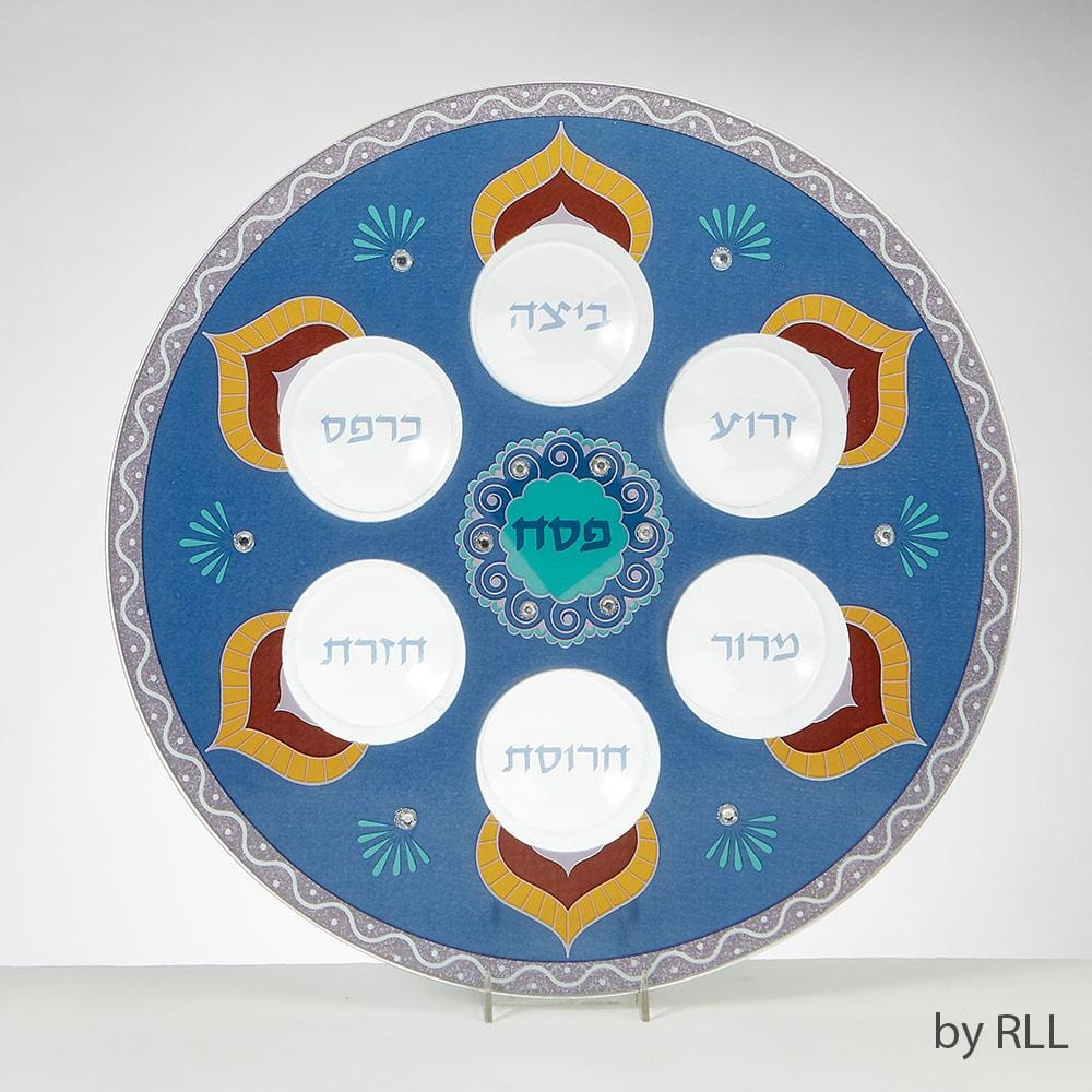 Rite Lite Seder Plates Glass Hand-decorated Blue Gemstones Seder Plate