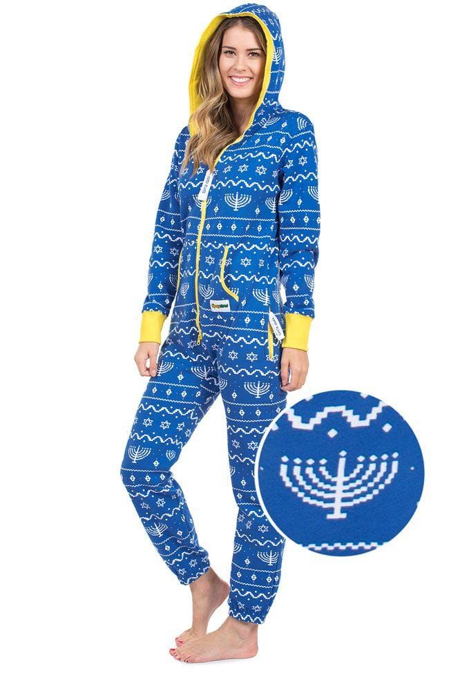 Tipsy Elves Pajamas Unisex Blue Hanukkah Jumpsuit - by Tipsy Elves