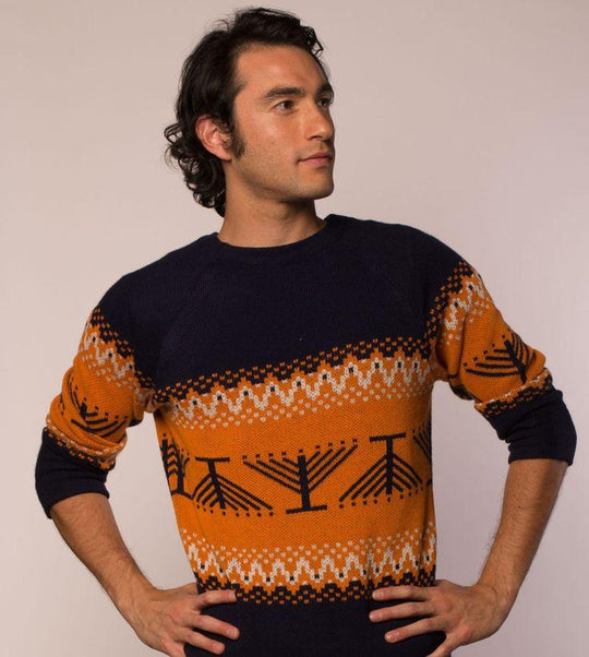 Candleschtick Men's Pullover Hanukkah Sweater in Navy
