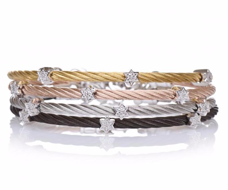 Alef Bet Bracelets Diamond Star of David Stacking Cable Bracelets