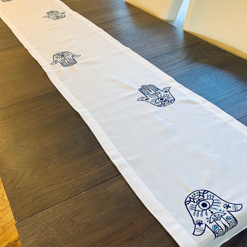 Broderies De France - Modern Blue Hamsa Table Runner - White - ModernTribe