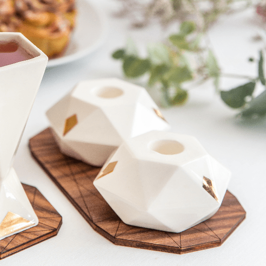 Studio Armadillo - White and Gold Diamond Candlesticks - Pair - ModernTribe