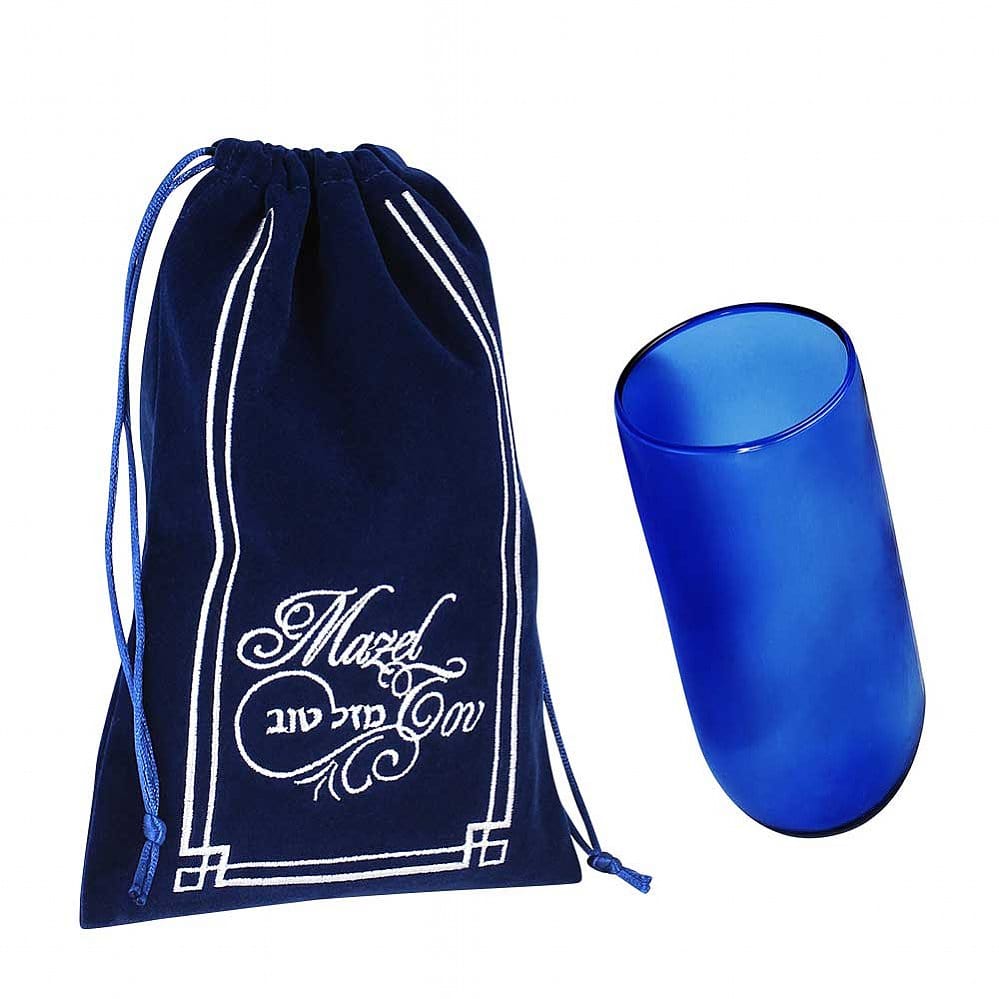 Zion Judaica Smash Glasses Blue Blue Smash Glass with Navy Embroidered Suede Bag