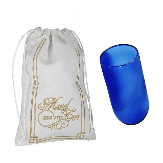 Blue Smash Glass with White Embroidered Suede Bag