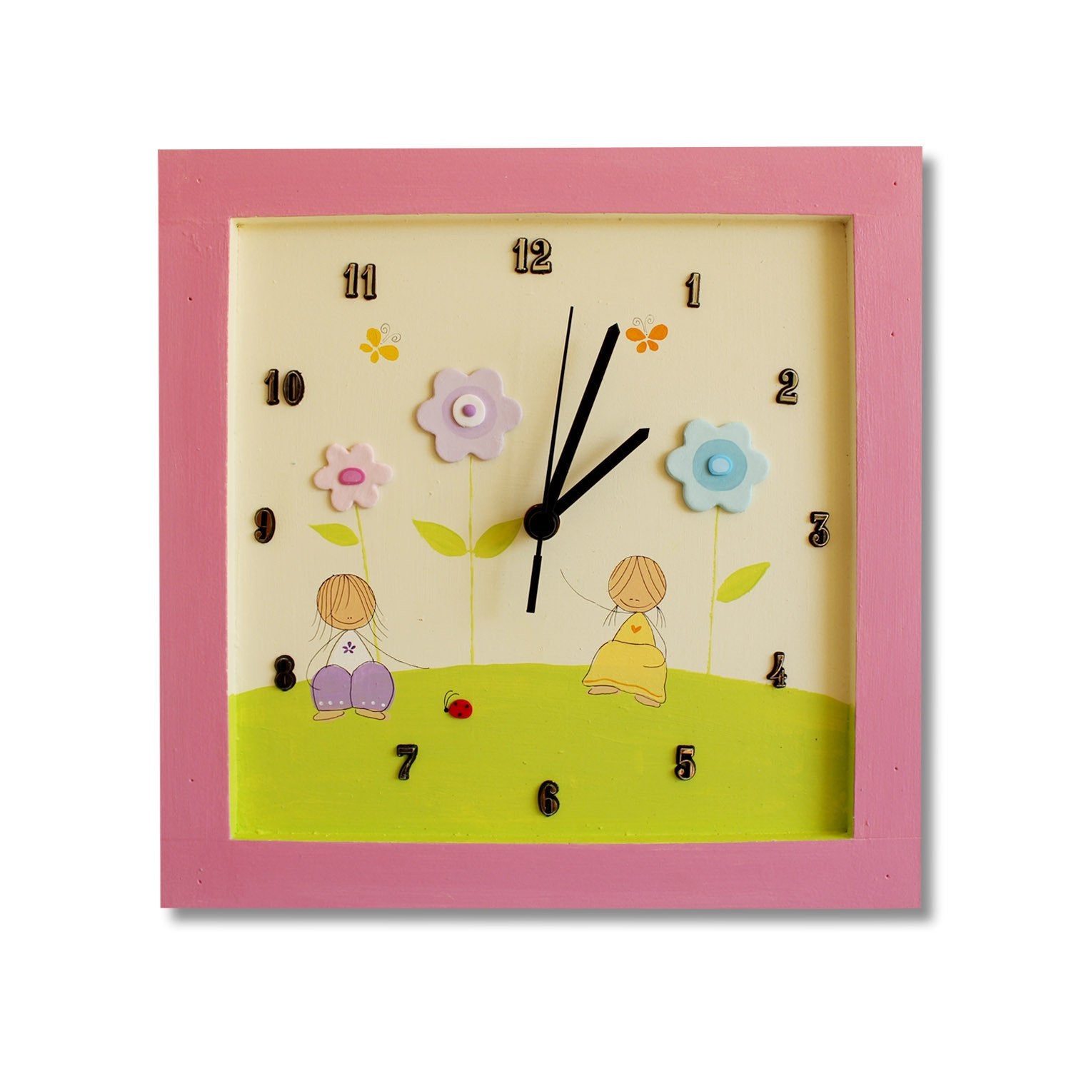 Sharon Goldstein Happy Judaica Clock Flower Girls Personalized Children's Wall Clocks in Hebrew or English