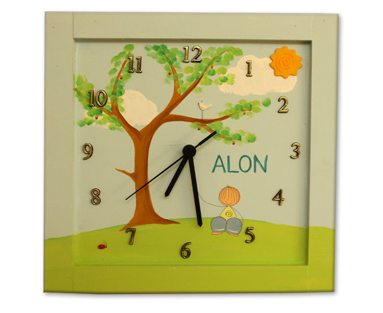 Sharon Goldstein Happy Judaica Clock Boy Under the Orange Tree Personalized Children's Wall Clocks in Hebrew or English