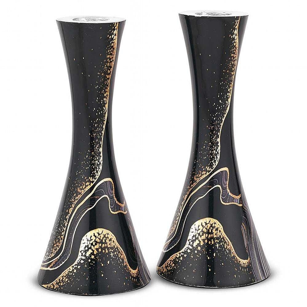 Zion Judaica - Modern Marbleized Metal Candlesticks - Black Burst - ModernTribe