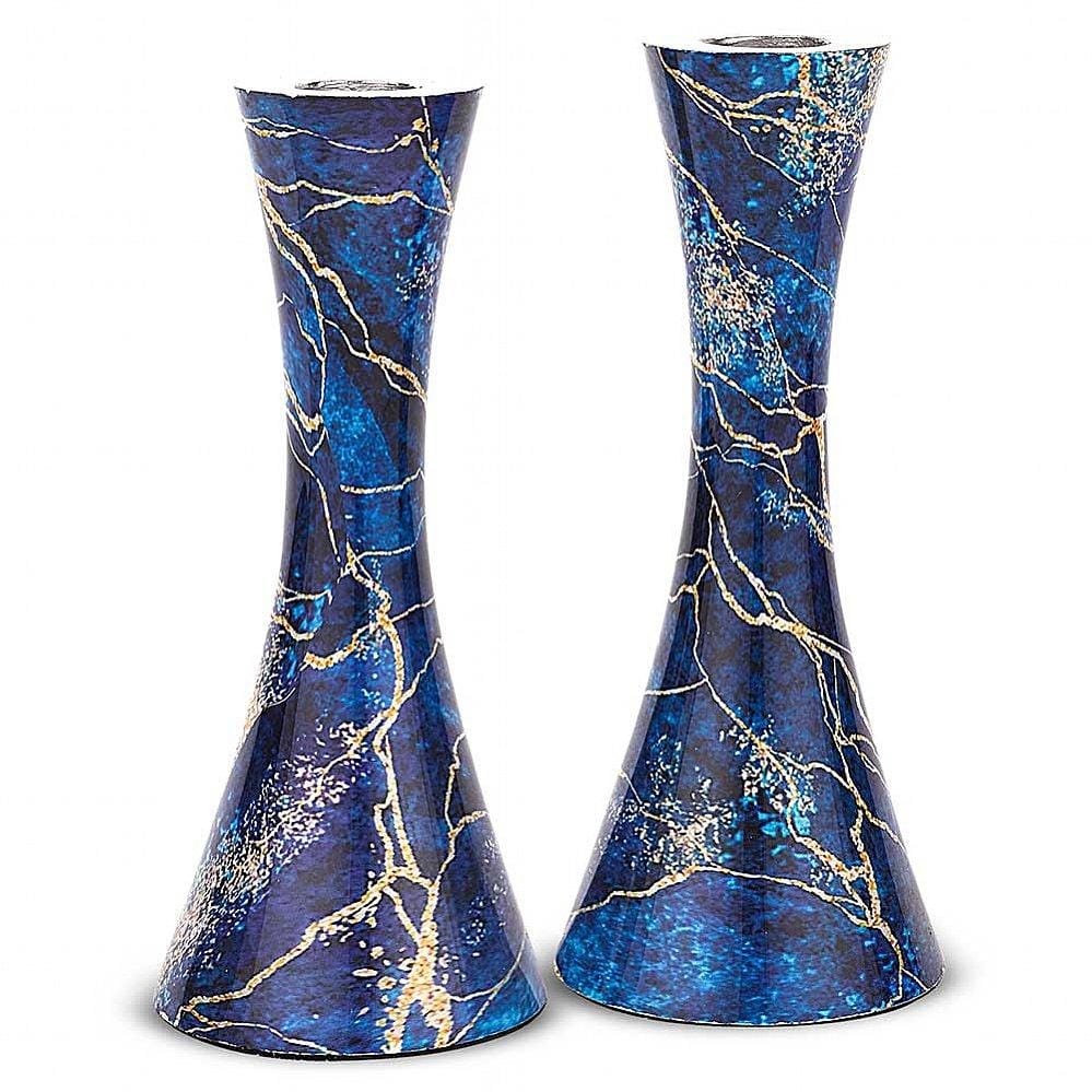 Zion Judaica - Modern Marbleized Metal Candlesticks - Blue Burst - ModernTribe