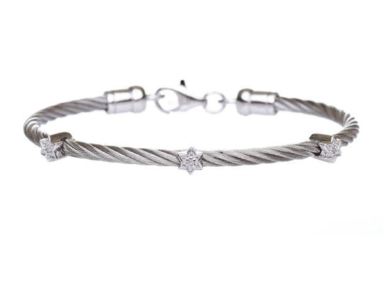Diamond Star of David Stacking Cable Bracelet - Silver