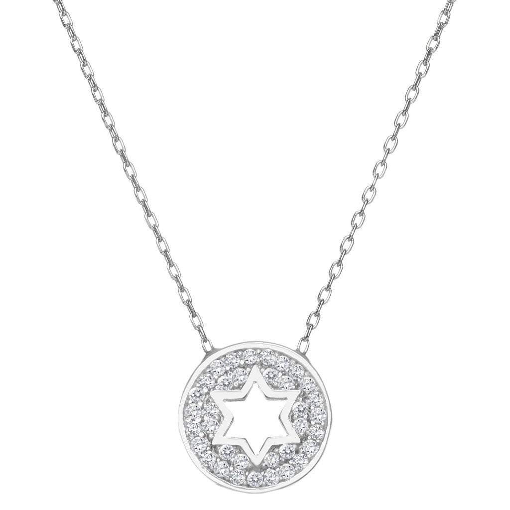 Alef Bet Necklaces Sterling Silver Round Sparkle Star of David Necklace