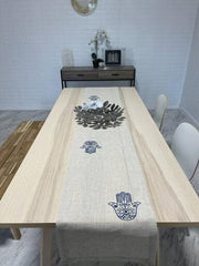 Broderies De France Decorations Modern Blue Hamsa Table Runner - Beige