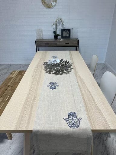 Broderies De France - Modern Blue Hamsa Table Runner - Beige - ModernTribe