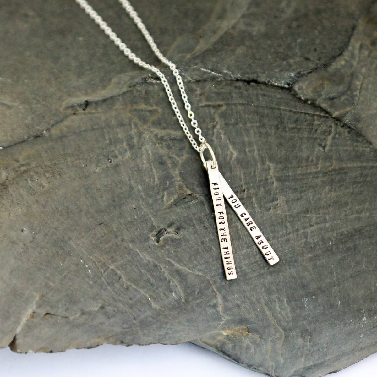 Chocolate and Steel Necklaces Sterling Silver Ruth Bader Ginsburg Quote Necklace: "Fight for the things you care about" - Sterling Silver or Gold