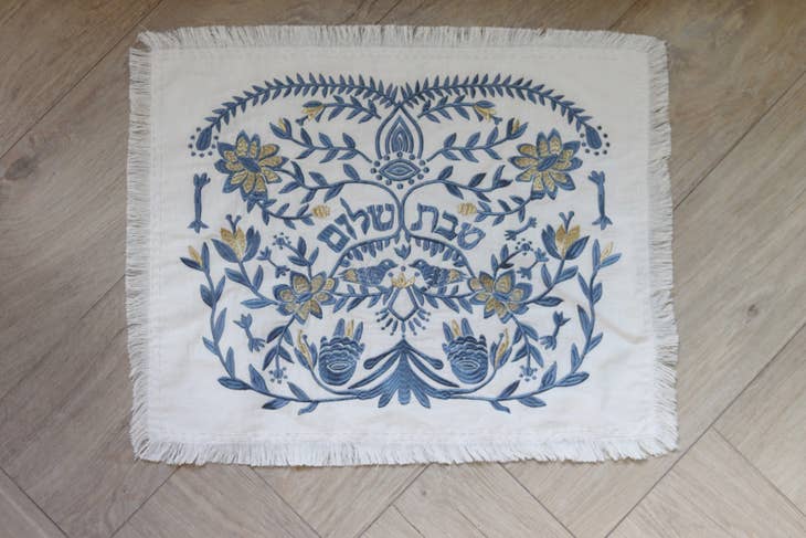 EMUNAH - Handmade Linen Challah Cover - Blue and Gold - ModernTribe