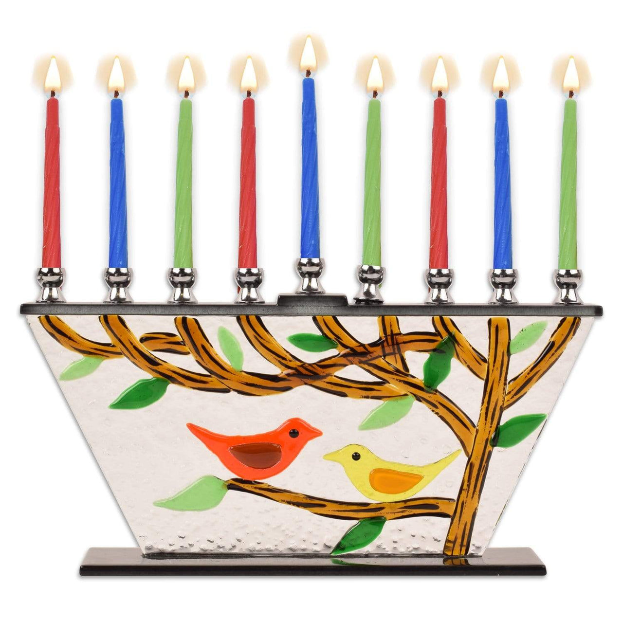 Ner Mitzvah - Handcrafted Painted Glass Menorah - Tree Of Life Birds - ModernTribe