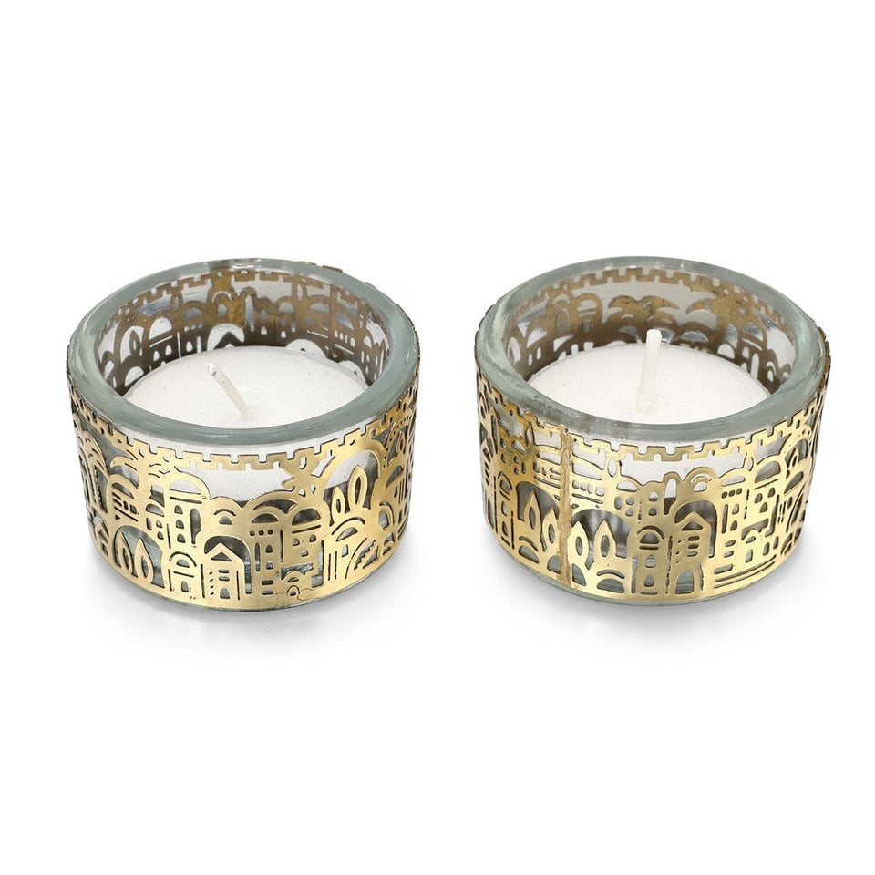 Yair Emanuel - Tea Light Holders with Metal Cutout of Jerusalem by Yair Emanuel - Gold - ModernTribe