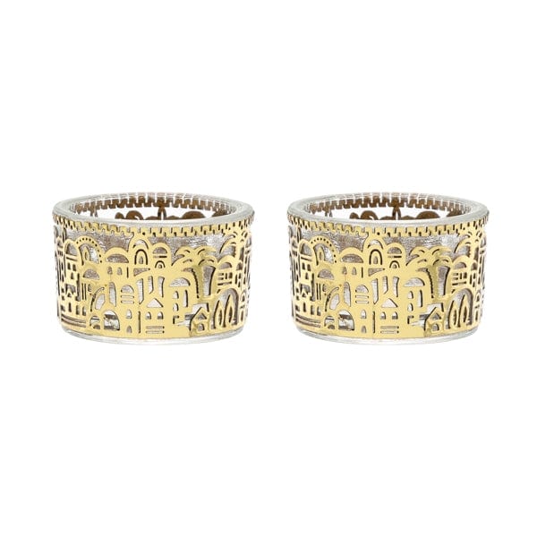 Yair Emanuel Candlesticks Tea Light Holders with Metal Cutout of Jerusalem by Yair Emanuel - Gold