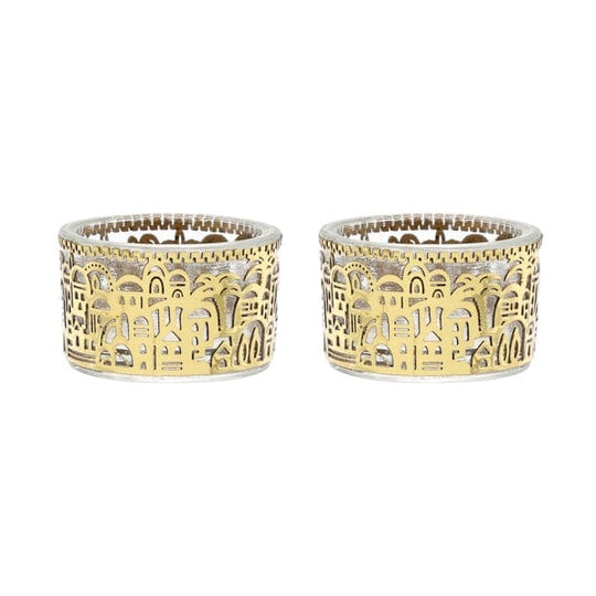 Tea Light Holders with Metal Cutout of Jerusalem by Yair Emanuel - Gold